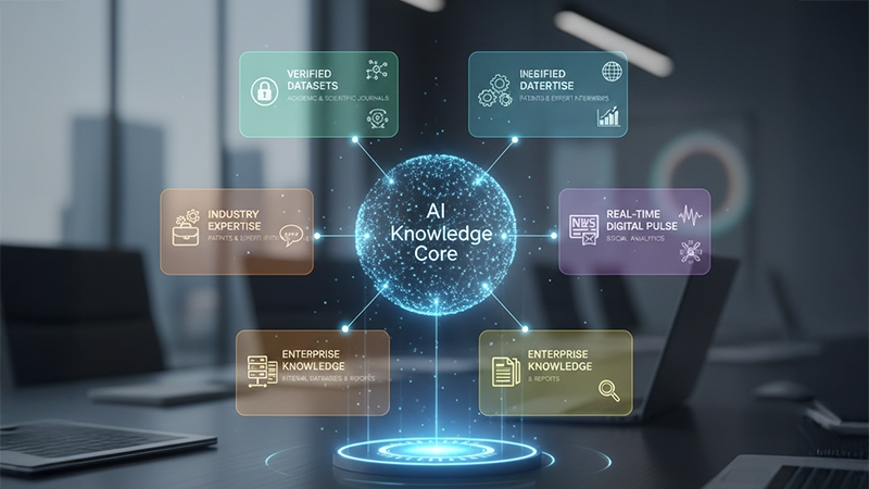 Modern bir ofis ortamında, masanın &uuml;zerinde hologram şeklinde beliren "AI Knowledge Core" (Yapay Zek&acirc; Bilgi &Ccedil;ekirdeği) ill&uuml;strasyonu. G&ouml;rselde merkezi bir ışık k&uuml;resinden yayılan veri blokları; doğrulanmış veri setleri (Verified Datasets), sekt&ouml;rel uzmanlık (Industry Expertise), kurumsal bilgi (Enterprise Knowledge) ve ger&ccedil;ek zamanlı dijital nabız (Real-time Digital Pulse) gibi farklı kaynakları kategorize etmektedir. Bu g&ouml;rsel, yapay zek&acirc;nın bilgiyi sınıflandırma, bağlamına yerleştirme ve bir g&uuml;ven skoruna g&ouml;re &ouml;nceliklendirme mekanizmasını temsil ederek, markaların bir "Bilgi Grafiği" par&ccedil;ası olma s&uuml;recini sembolize etmektedir.